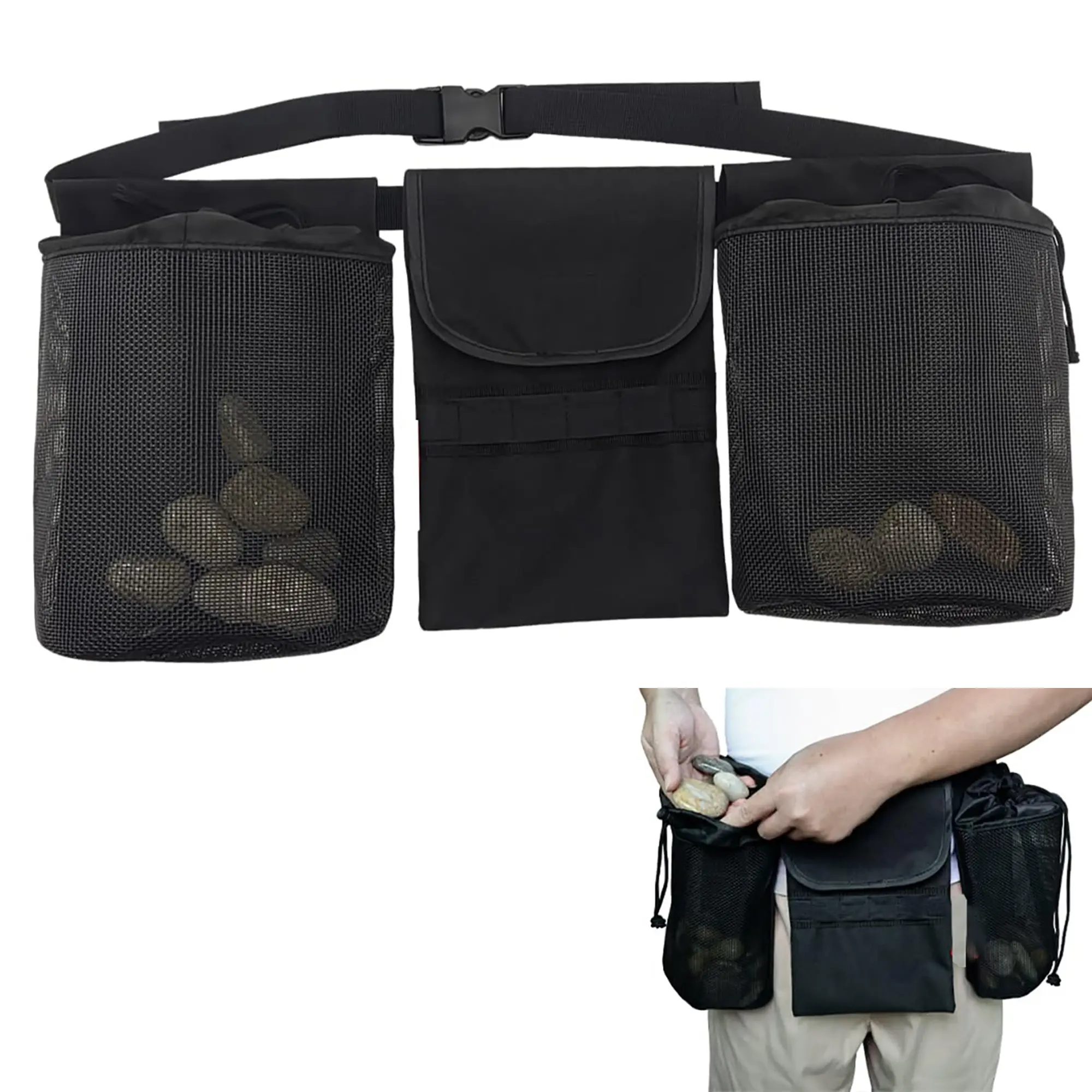 Rock Hounding Bag,Rock Foraging Belt,2 Mesh Picking Pouch Rock Collecting Bag with Adjustable Waistband,Outdoor Rock Hunting Bags Equipment Lightweight and Sturdy to Wear Around Waist