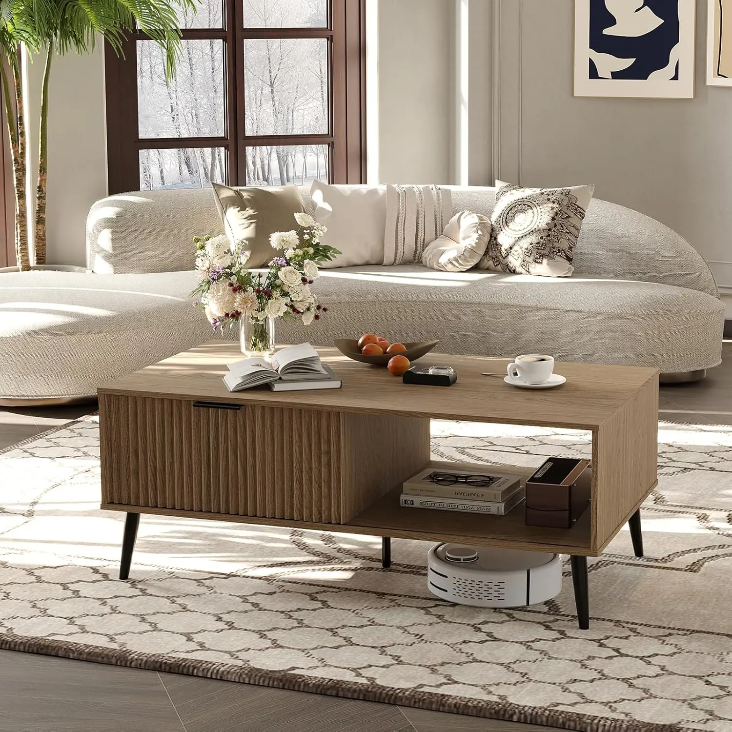 2-Tier Mid-Century Modern Hardwood Coffee Table with Storage, Sliding Door, Solid Wood Legs - Compact Coffee Tables for Living Room Cocktail Use, Home Office, Hardwood Coffee Tables