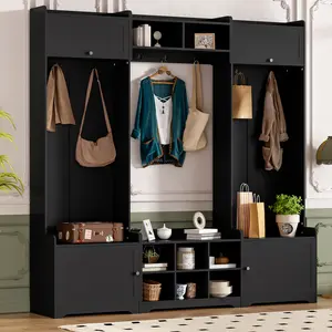 79.1''Wide Modern Hall Tree with Shoe Storage, 4-in-1 Entryway Bench with 8 Cubbies, 7 Coat Hooks & Adjustable Shelf for Hallway, living room