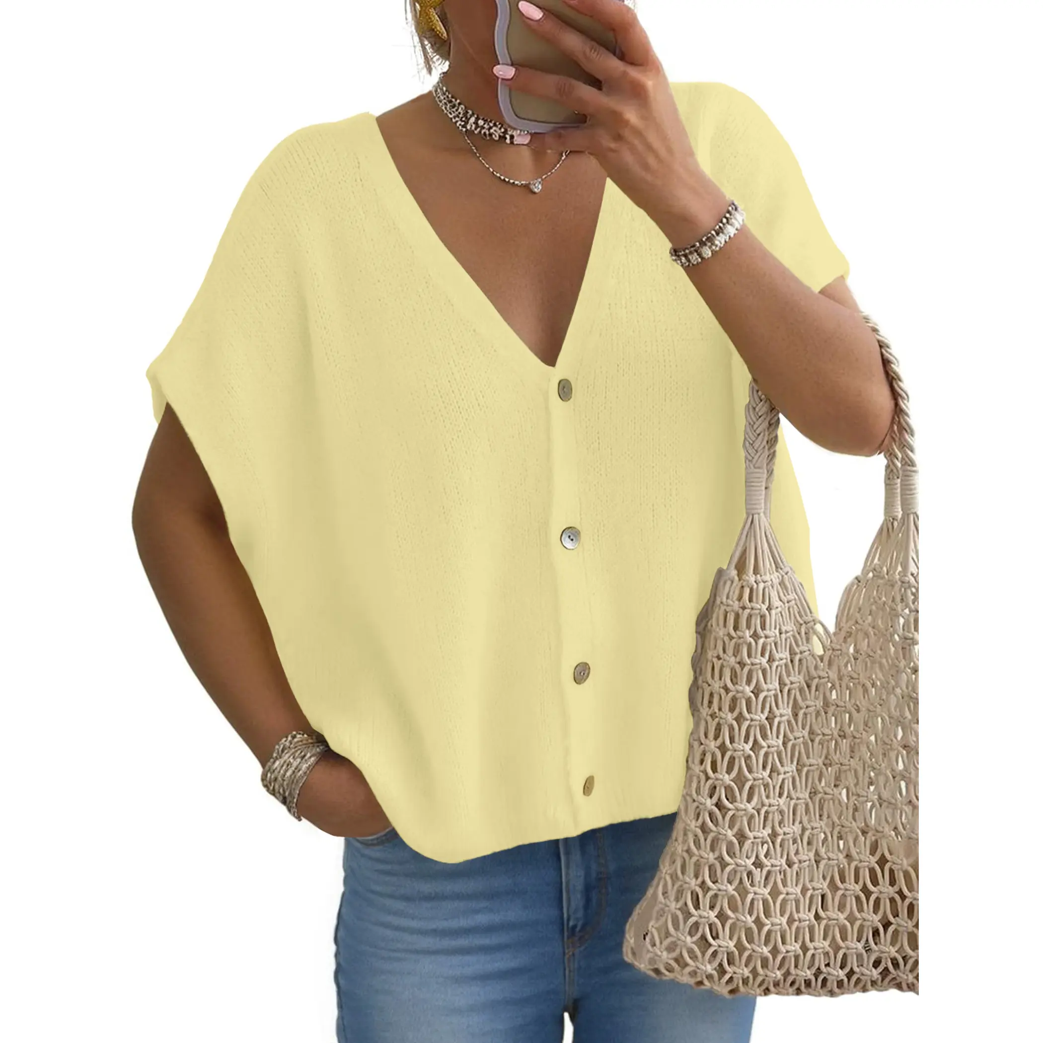 FireSwan Women's Lightweight Knit Cardigan, Batwing Short Sleeve Button-Down V-Neck , Breathable Summer & Early Fall Oversized Layering Top for Office, Travel, Vacation and Everyday Wear