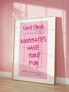 Trendy Pink Guest Check Poster – Funny Quote Print for College Dorms, Roommate Decor & Preppy Apartment Style