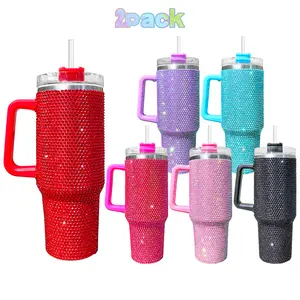 2 PCS USA Warehouse H1.0 40oz Solid Rhinestone Full Coverd Tumbler Drinkware Flasks