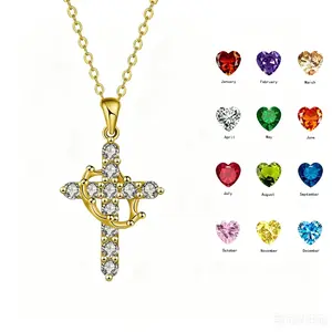 Women's 14K Gold Plated Crown Cross Pendant Necklace, Cubic Zirconia Birthstone Faith Jewelry, Elegant Minimalist Christian Religious Accessory, Perfect Religious Gift for Christian Ladies for Birthdays, Anniversaries, Christmas and All Holidays
