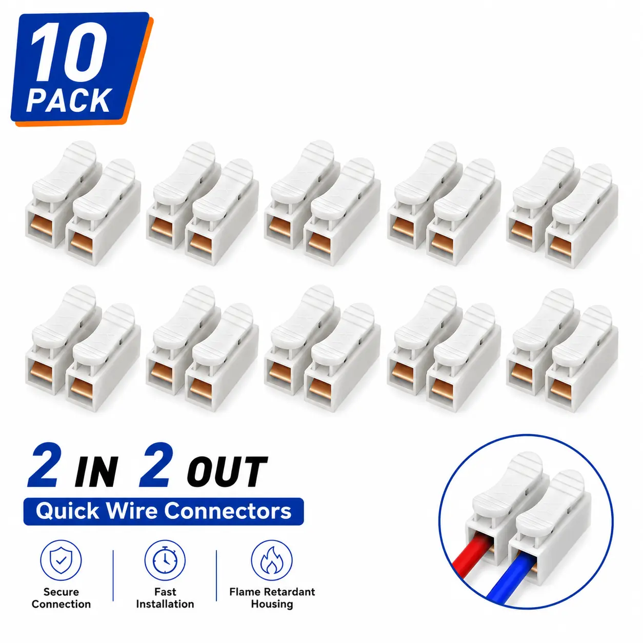10 Pack 2-Port Quick Wire Connectors, Lever Wire Connectors for Solid & Stranded Wire, Reusable Push-In Electrical Terminal Blocks, 250V