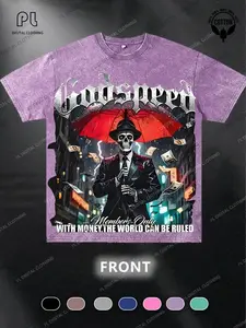 Men'S Godspeed Graphic T-Shirt - Skull Gentleman & Money Rules World Design, 220g Heavyweight Washed, Loose Fit Streetwear Tee with Red Umbrella & Luxury Car Print, All-Season Casual Shirt for Men
