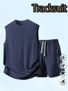Men's Summer Sleeveless Vest Shorts Set, Waffle Breathable Fitness Clothing, Basketball Football Training Casual Two-Piece Suit, Fitness Outfit