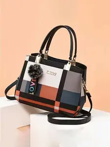 Women’s Fashion Plaid Decor Handbag/Crossbody Bag with Pom-Poms, Multi-Layer Design, Wallet Included