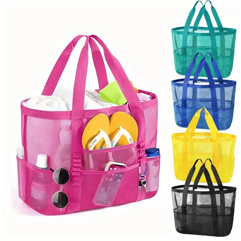 Large Capacity Mesh Fabric Beach Bag - Lightweight, Multi-Pocket, Sandproof Travel Tote for Family Beach Trips, Swimming, Picnic Storage, Extra Large, Functional