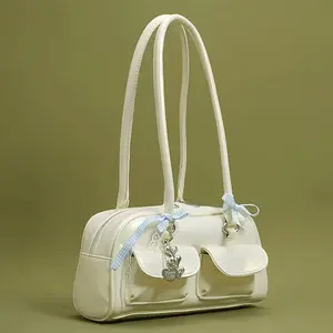 Women's High Quality Handbag with Beaded Bow & Shell Charm Accents - Large Capacity Tote Shoulder Bag, Zipper Closure, Oil-Edged Trim - Bright Pink/White/Black for Shopping, Commute, Travel, Classic Elegant Design, Smooth Finish Purse