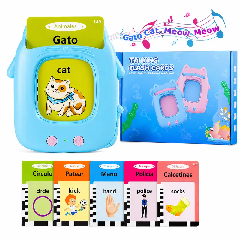 Bilingual English Spanish Talking Flash Cards for Kids Ages 3+, 224-Word Language Learning Toy, Montessori Vocabulary Cards, Screen-Free Preschool Educational Gift