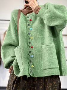 Women's Knitted Cardigan with Colorful Buttons, Loose Fit Bubble Sleeve Jacket, Pocketed Casual Top, Fashionable Outerwear, Knitwear