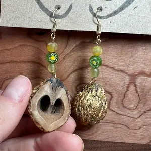 Black Walnut Shell Earrings with Gold Leaf and Repurposed Beads