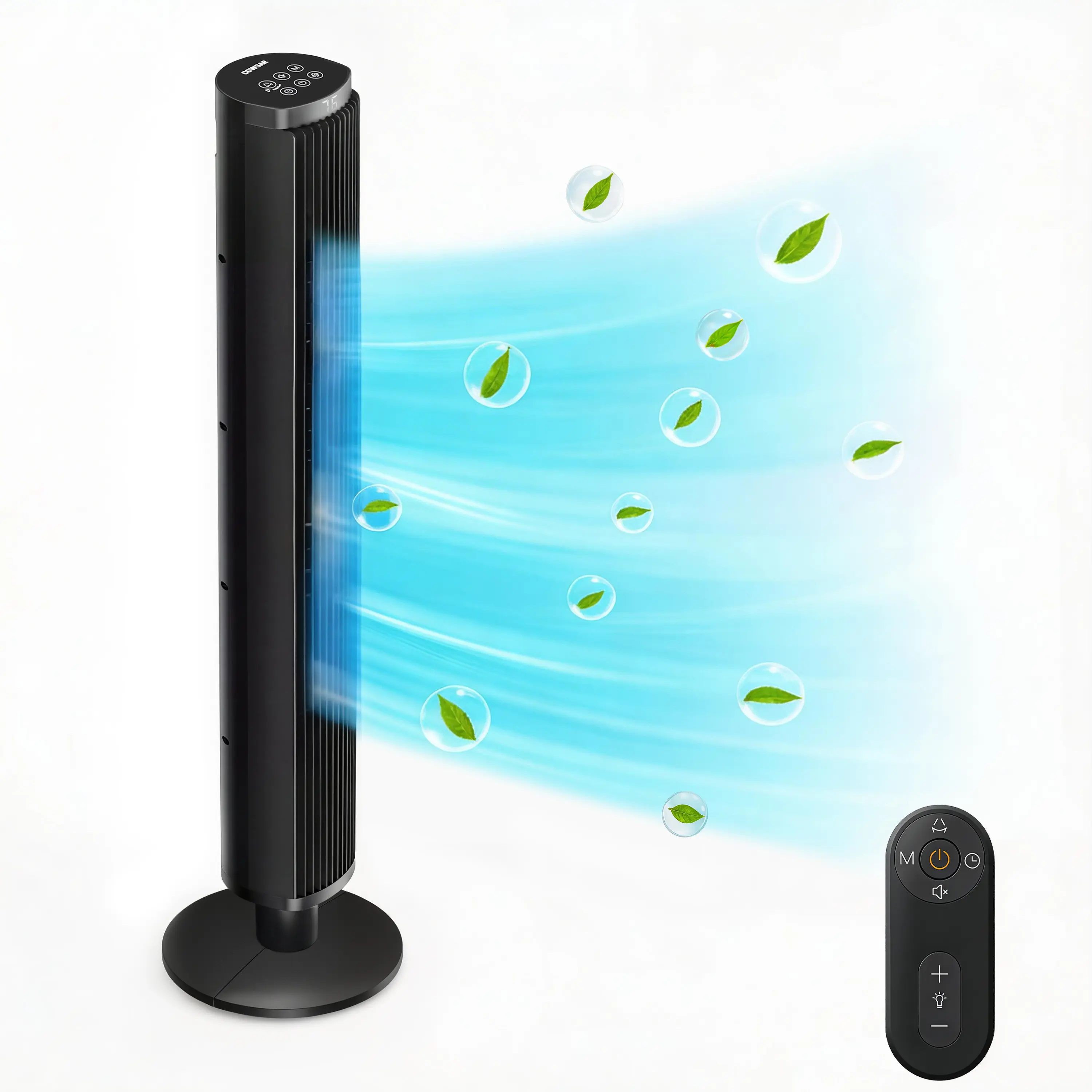 COWSAR Tower Fan — Featuring remote control Operation, 6-speed airflow Adjustment, and a 24-hour timer. Equipped with an LED Display and Wide-angle Oscillation, It is suitable for Bedrooms, Offices, and various indoor Environments.