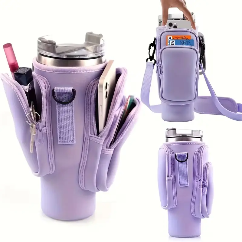 Drinkware Water Bottle Carrier Bag - 3-Pocket Holder Pouch for 30/40oz Tumblers, with Phone Pocket, Kitchenware Drinkware Accessory, Father Gift