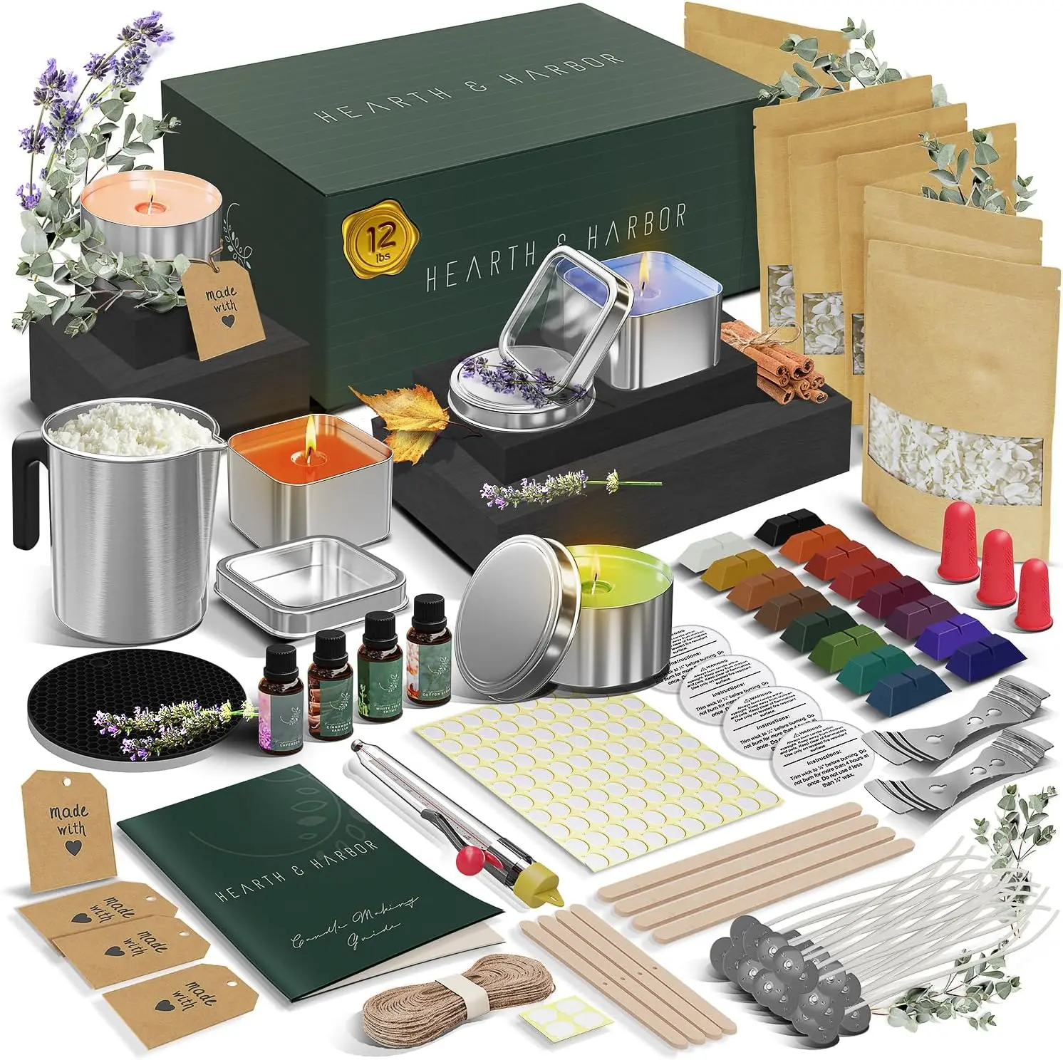 Hearth & Harbor Organic Soy Candle Making Kit 12 Lbs - Tins, Scents, Dyes, Wicks | Premium DIY Gift Set