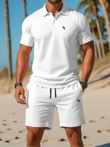 Men's Casual Polo Set, Lightning Print, Fitted Design, Short Sleeve, Summer Wear, Regular Length Top, Tropical Beach Style