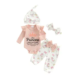 Infant Baby Girls Outfits Ruffle Long Sleeve Crew Neck Letters Print Romper Elastic Waist Pants Headband Hat Set