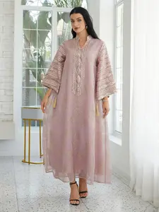Heavy Embroidered Fringe Bell Sleeve Long Robe, Eid Festival Luxury Party Abaya, Elegant Loose-Fitting Evening Dress, All Seasons