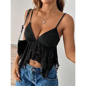 1pc Women Summer White Lace Camisole With Asymmetrical Hemline