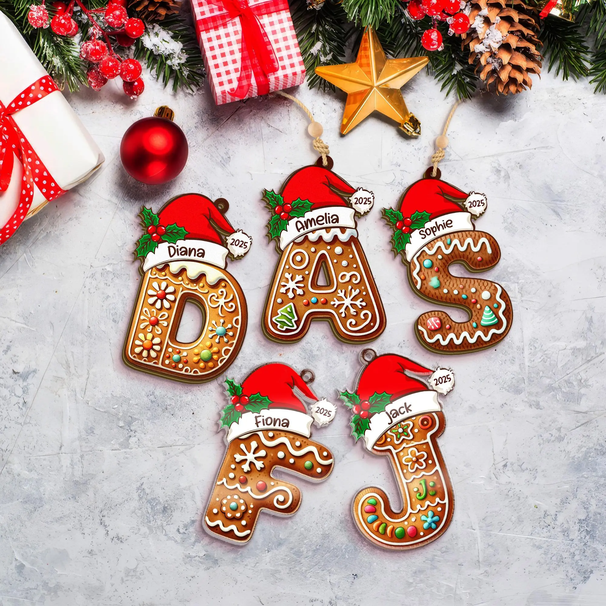 Custom Christmas Name Letter Ornament Hanging Decor 2025, Personalized Gingerbread Cookie Initial Decoration, Stocking Tag Hanging Decor, Christmas Tags Hanging Decor, Kids Ornament
