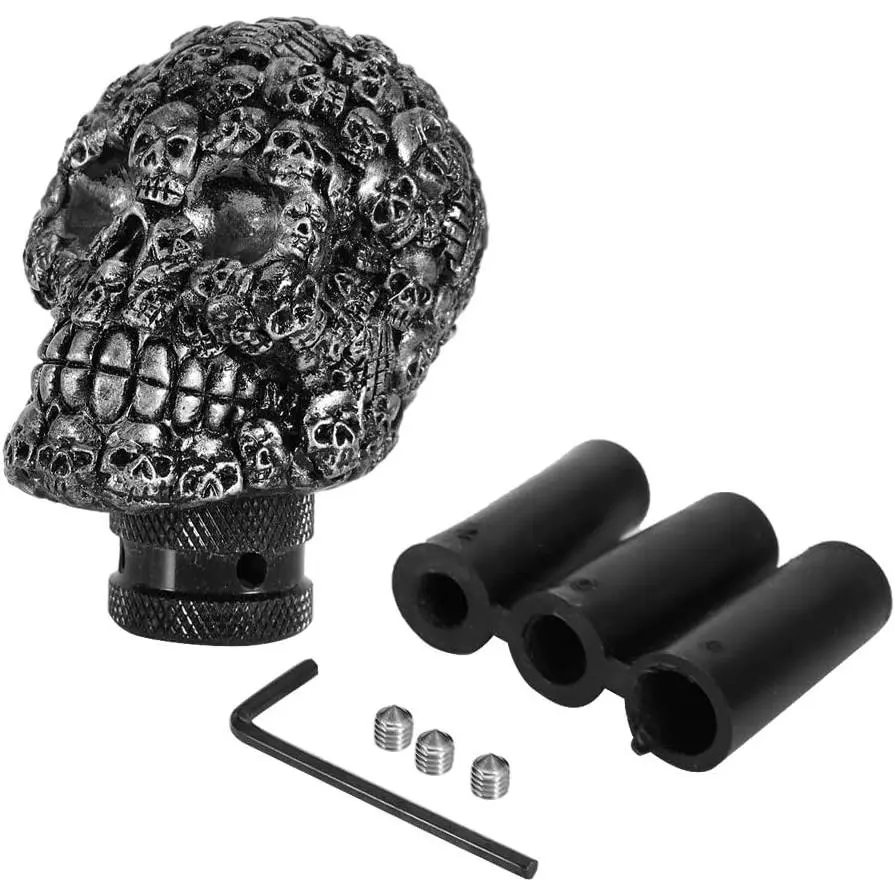 Spooky Skull Automotive Vehicle Interchangeable Gear Lever Knob - With 3 Hoses, Car & Truck Replacement Accessory, Halloween Car Interior Decor