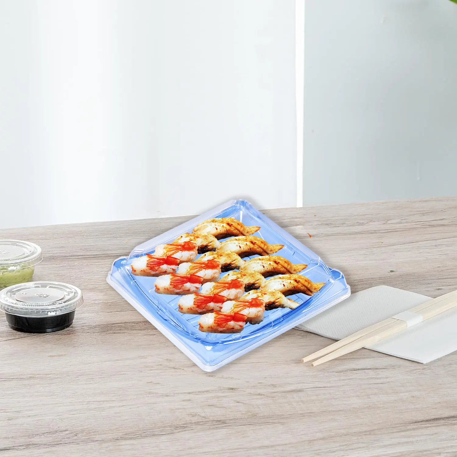 280 Sets 7.28"x7.28"1.96" Sushi Tray Disposable Sushi Container with Lid - Food Disposable Plastic Rectangular Sushi Blue Tray, Takeaway Containers Takeaway Containers for Appetizers Entrees, Desserts, Muffins Cheese Pastry Dessert Boxes Kitchen Utensils