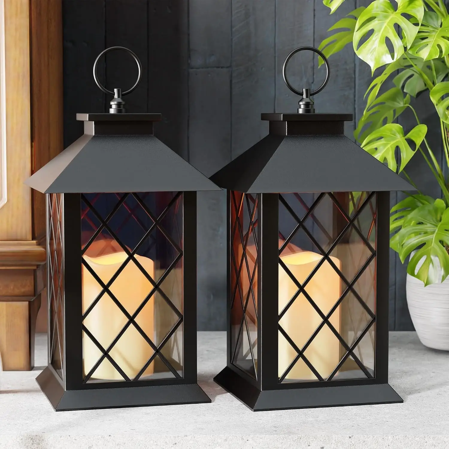 13.4" 2 Pack Diamond-shaped Decorative Lanterns, Black Lantern with Timer Flickering Candle, Waterproof Hanging Lantern for Indoor Outdoor Patio Porch Entryway Centerpieces