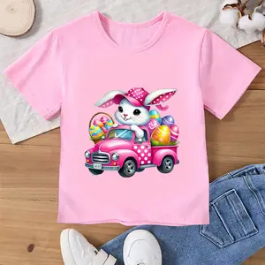 Girls' Easter Bunny Driving with Eggs Short Sleeve T-Shirt - Cute & EASTER Lettering  Casual Round Neck Blouse for Easter Egg Hunt Outfits