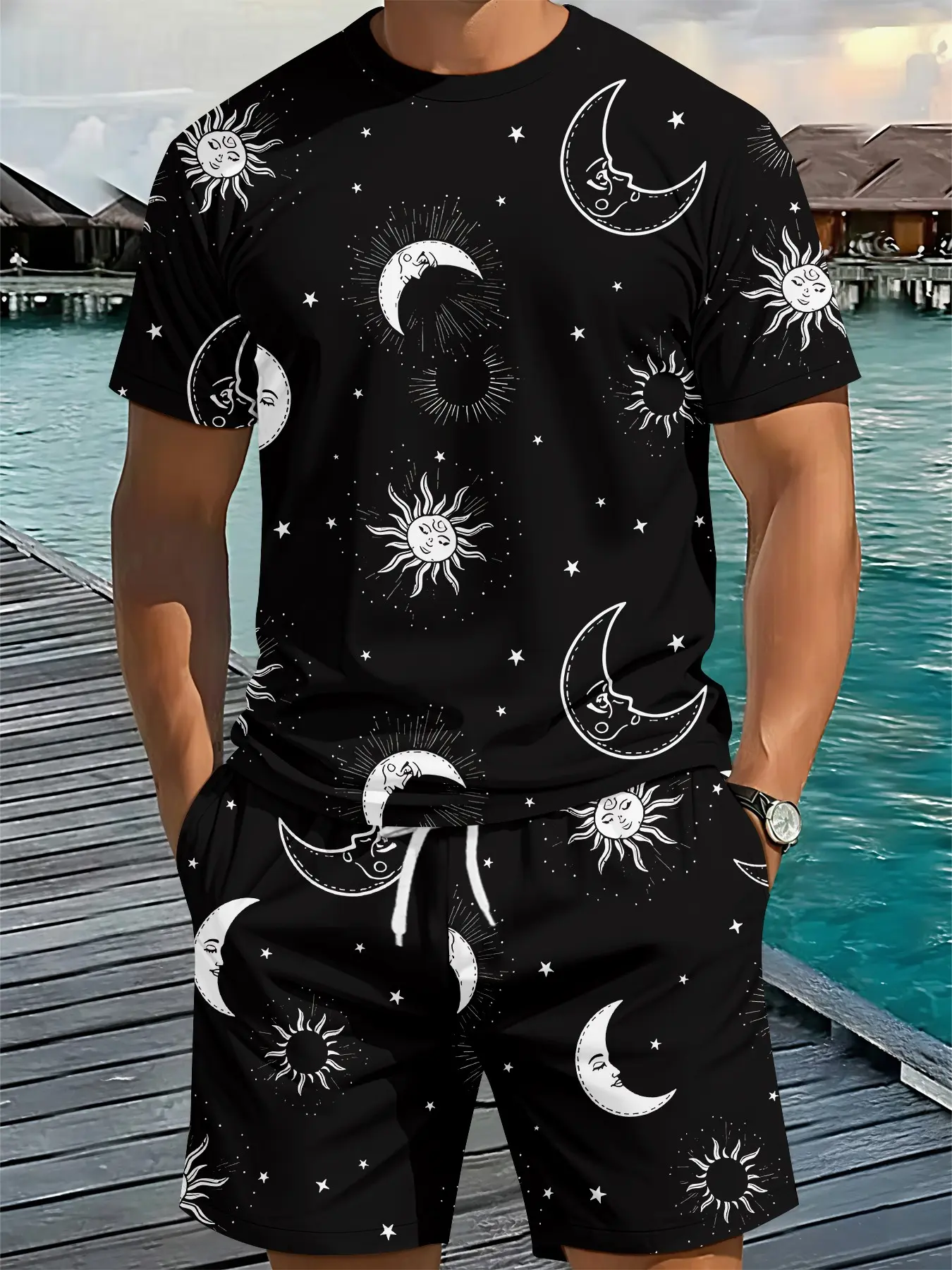Two-piece set with all-over printed 3D digital pattern of sun, moon and stars on black background, 2Pcs, trendy fashion suit, trendy retro casual two-piece outfit, vacation-style trendy wear, breathable sports casual style, perfect festival gift for men