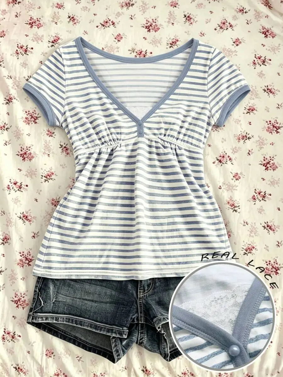 Women's Summer Fashion Casual Retro Y2K Baby doll Striped V-Neck Peplum Short Sleeve T-Shirt, Back To School