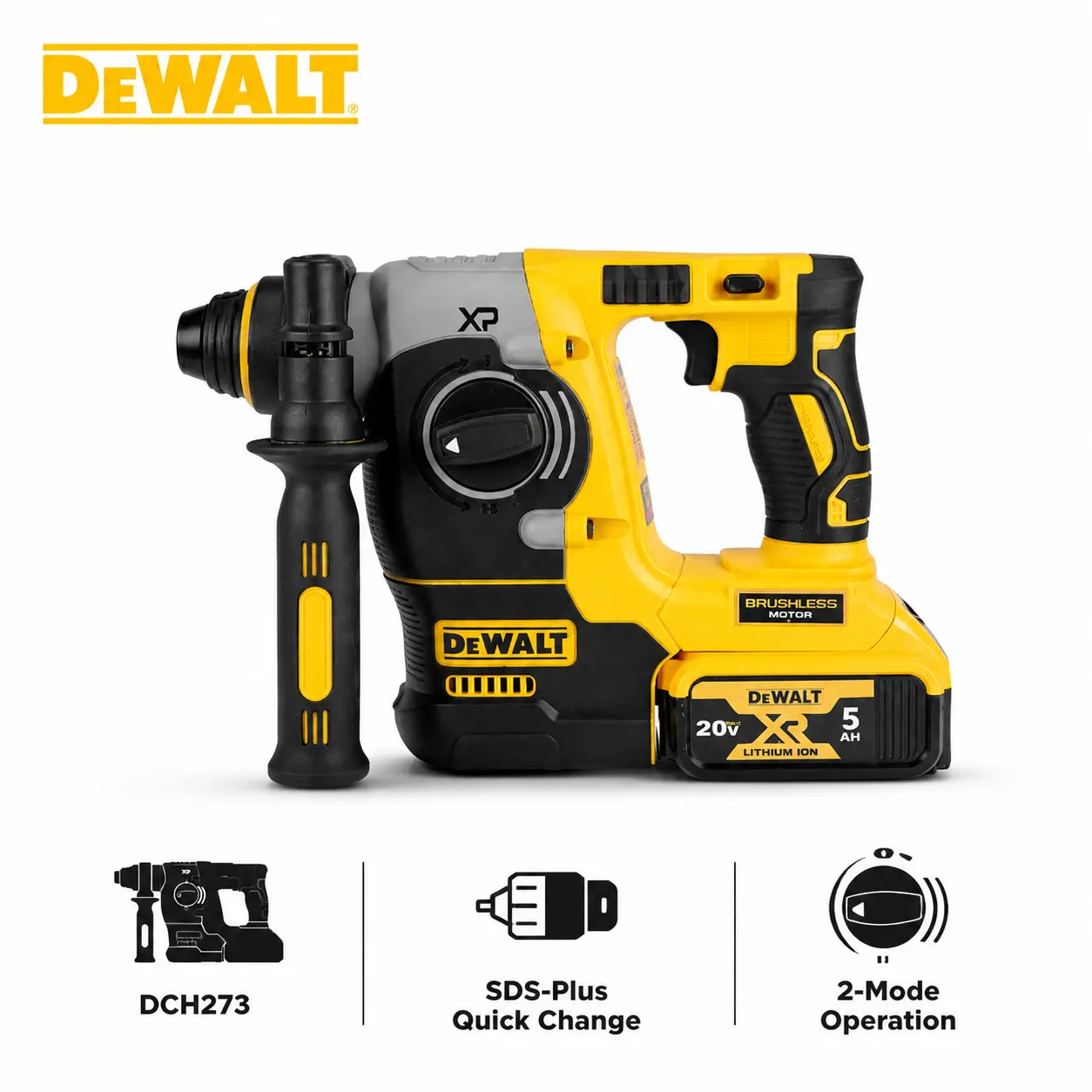 DEWALT DCH273 Hammer Drill Tool for Concrete Hole Drilling Masonry Work Brick Installation Pipe Support Mounting Tile Chiseling Construction Projects Building Maintenance Professional Workshop Use