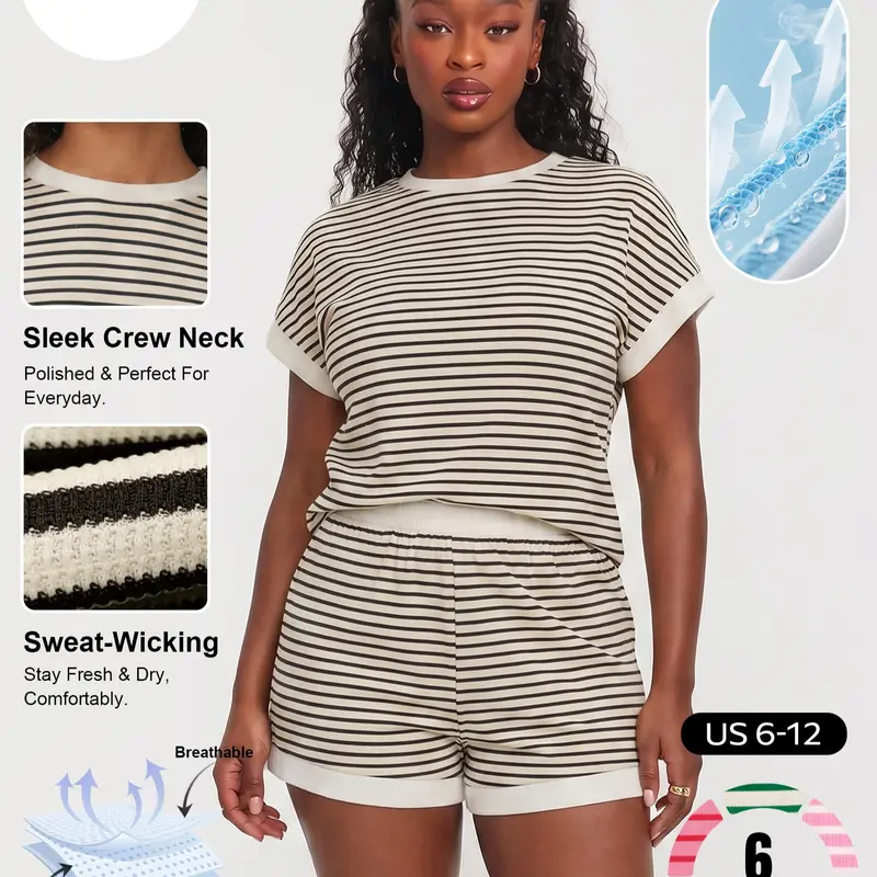 Katch Me Chic Women's Slouchy Stripe Round Neck Short Sleeve Top & Side Pocket Shorts Co-ord, Loose Lightweight Pill Resistant Two Piece Sets, Athleisure Breathable Daily Outfit
