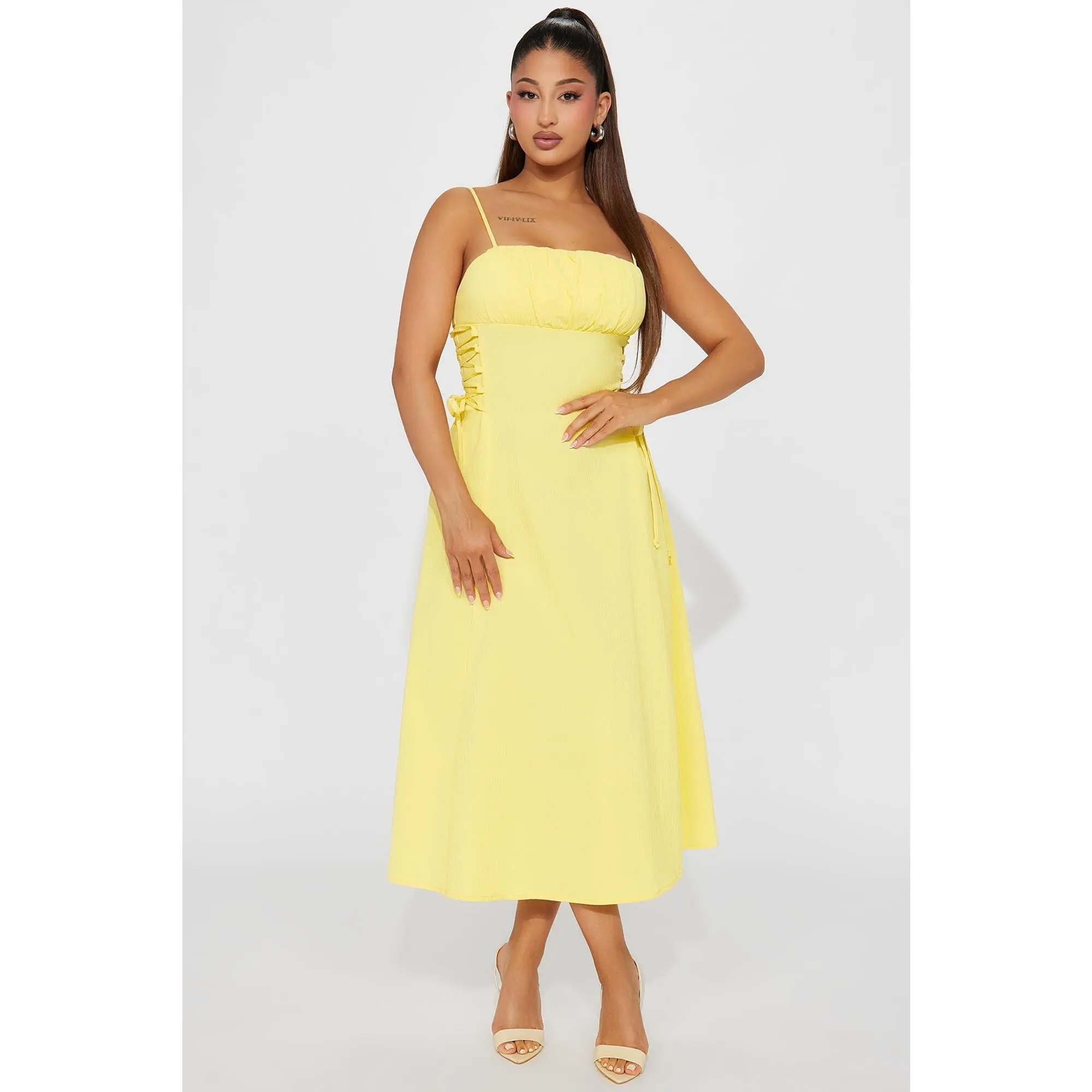 Jackie Lace Up Midi Dress - Yellow