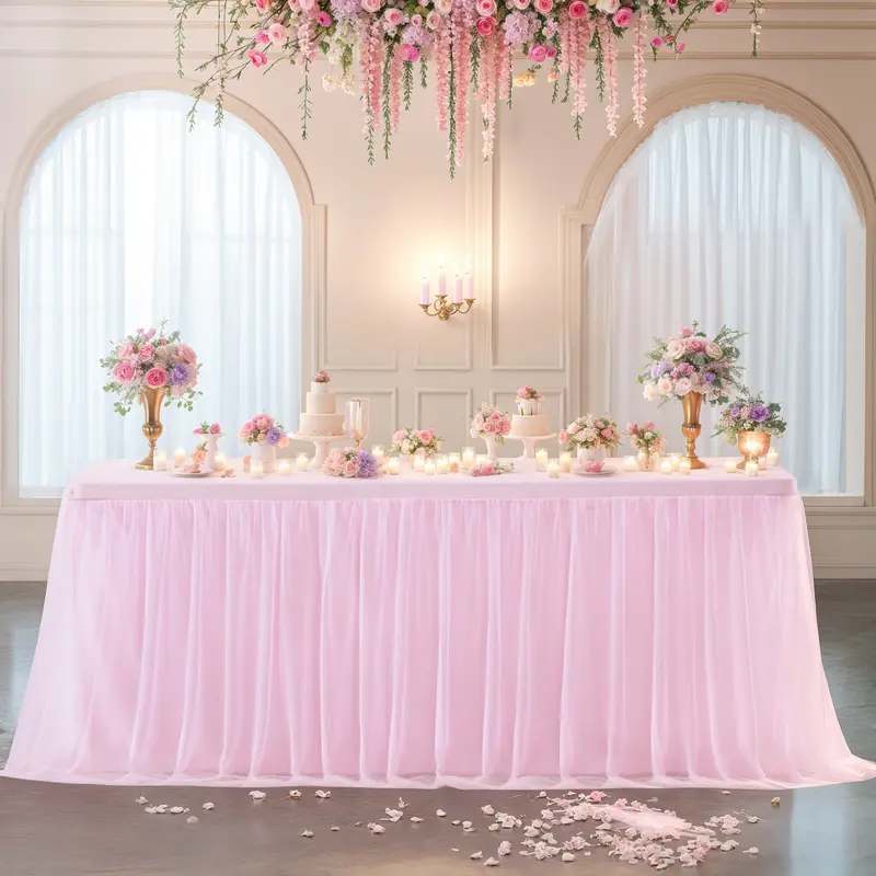 Tulle Tablecloth for 6/8 FT Rectangular Tables Wrinkle Free Table Cover with Tutu Skirt for Wedding Birthday Party Buffet Banquet for happy christmas, Summerwins,friendsgiving,christmas decoration