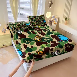 3 Pcs Fun Cartoon Print Fitted Sheet Set, Camouflage Pattern Bedding Set, (Pillow insert not included), Soft and Comfortable, Ideal for use in Bedrooms and Dormitories. Suitable for all Seasons, Machine Washable.
