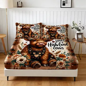 3 Piece Just A Girl Who Loves Highland Cows Fitted Sheet Set, 1 Fitted Sheet + 2 Pillowcases, Soft Skin-Friendly Cute Highland Cow Floral Western Bedding, Farm Animal Bed Sheet Set for Bedroom, Ideal Gift for Highland Cow Lovers Women Girls Teens