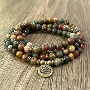 Vintage Bohemian Style 108-Bead Handmade Stackable Elastic Bracelet - Pablo Picasso Stone Natural Stone Spiritual Meditation Yoga Mala Bead Necklace, Unisex, Lotus Pendant Design, Ideal Gift for Mother's Day, Father's Day, Ramadan