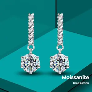 S925 6.5MM 2ct Diamond Moissanite Dangle Drop Earrings with GRA Certificate