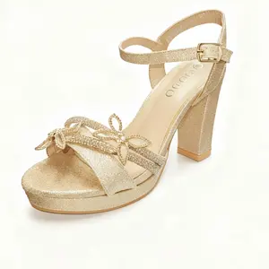 Gold Rhinestone Butterfly Heel Sandals – Platform Block Heels for Weddings, Quinceañeras & Special Events