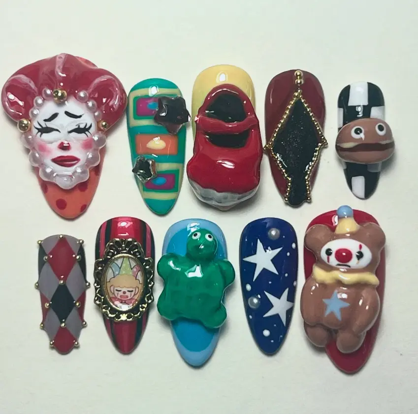 Circus Clown Nails, 3D Bear Clown Red Shoes Nail Art, Vintage Harlequin Stars Design, Funny Cute Cartoon Carnival Nails, Playful Whimsical Press On Set