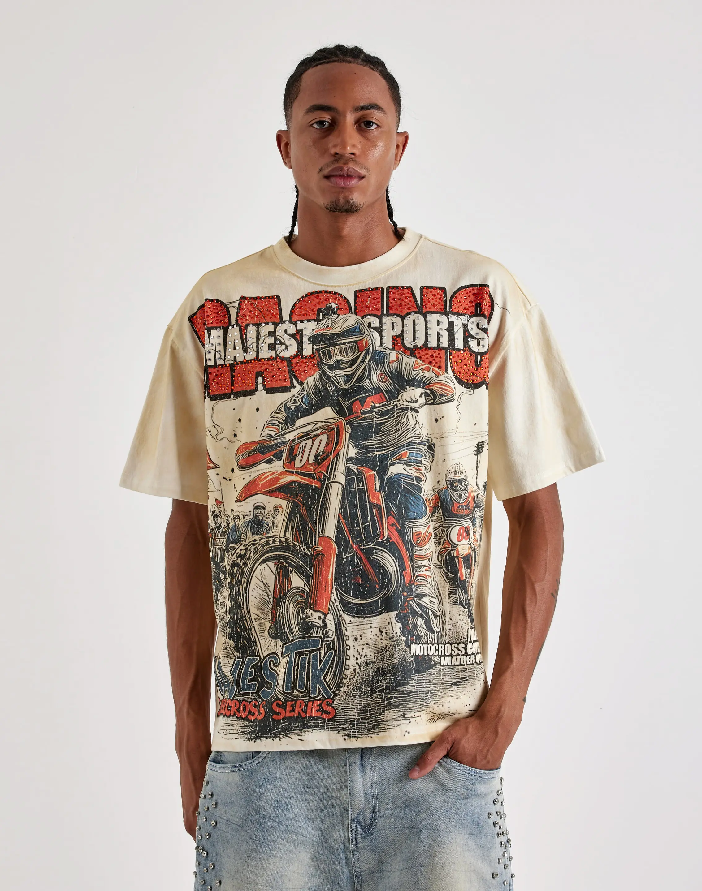 Mens Majestik Motocross Racing Rhinestone Tee