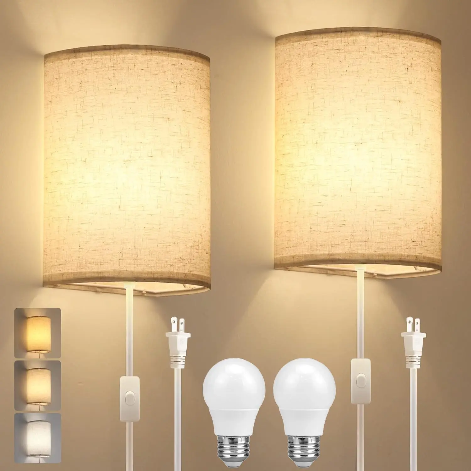 Plug in Wall Sconce, 3 Color Wall Sconces Set of Two, Industrial Lamp with Plug in Cord, Rustic Wall Sconce Fixture, On/Off Switch Vintage Wall Light Fixture for Headboard Bedroom Porch (Beige)