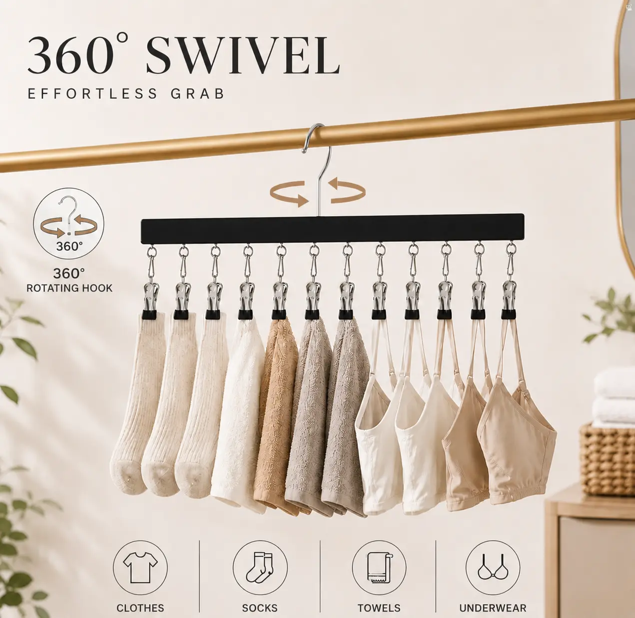 Wooden Hat and Pants Clip Organizer. Hat, Sock and Underwear Organizer Hanger . Multi-Purpose Clip Hanger for Hats and Clothes