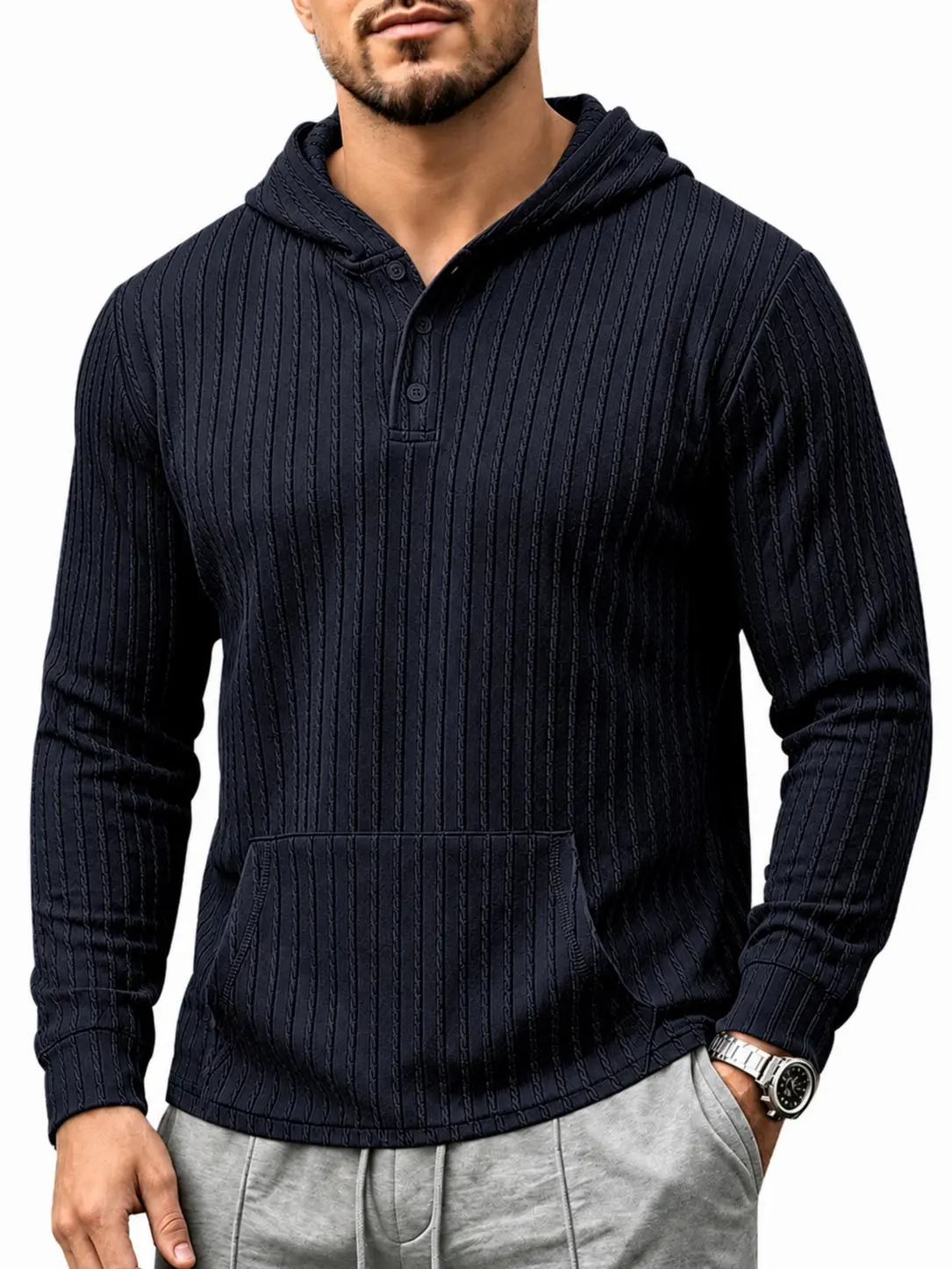 Men’s Vintage Hooded Henley Long Sleeve Shirt, Loose Fit Heavyweight Textured Casual Pullover Top for Spring Fall Office Commute & Daily Wear