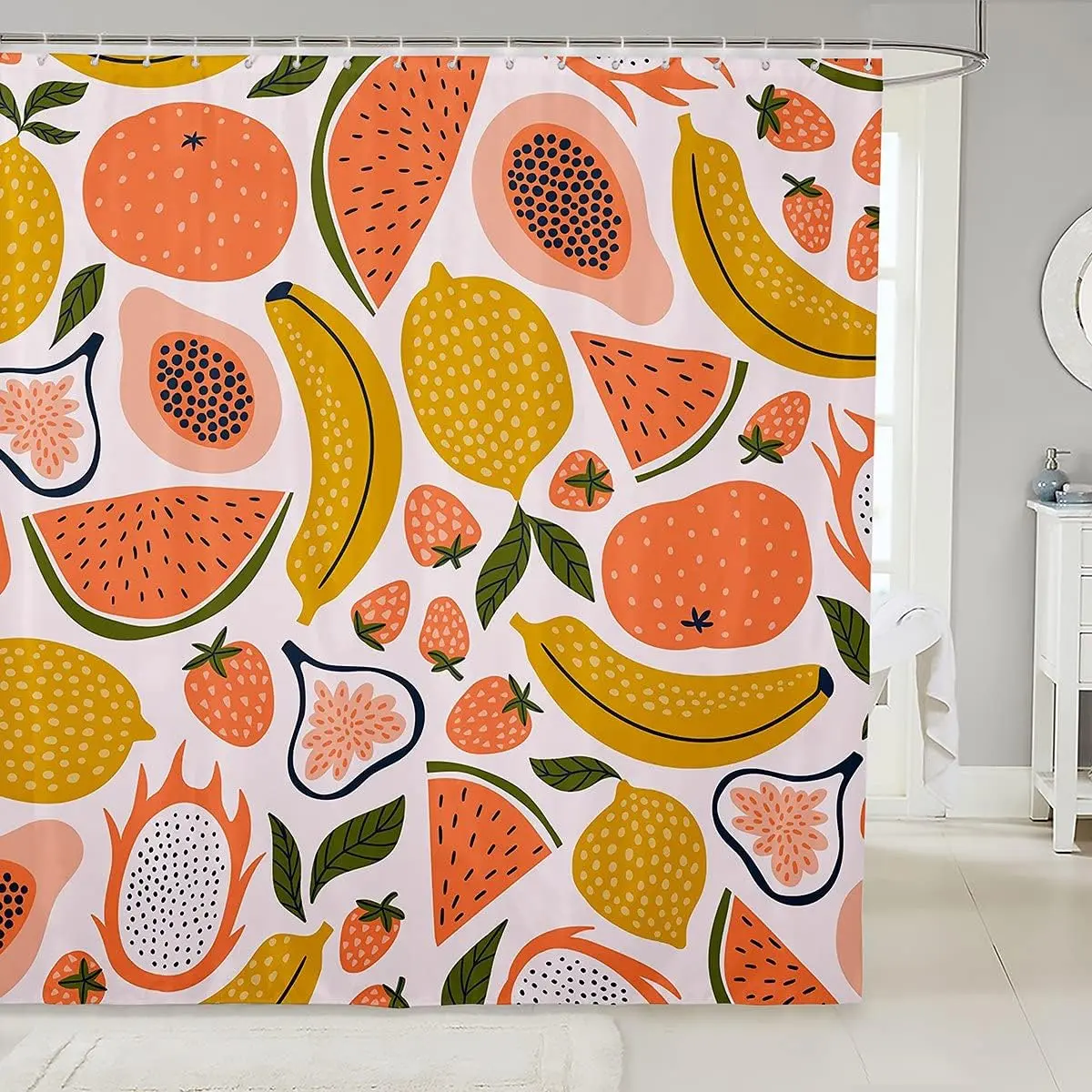 Feelyou Cartoon Fruit Shower Curtain Set - Waterproof, Washable Strawberry Motif Bathroom Curtain with Strawberry, Watermelon, Papaya, Lemon, Pitaya Designs, Strawberry Motif Curtains