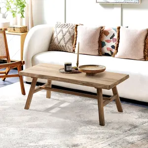 PieDle Furniture Natural 43-Inch Farmhouse Style Solid Wood Coffee Table, Ideal for Living Room, Rustic Rectangular Design