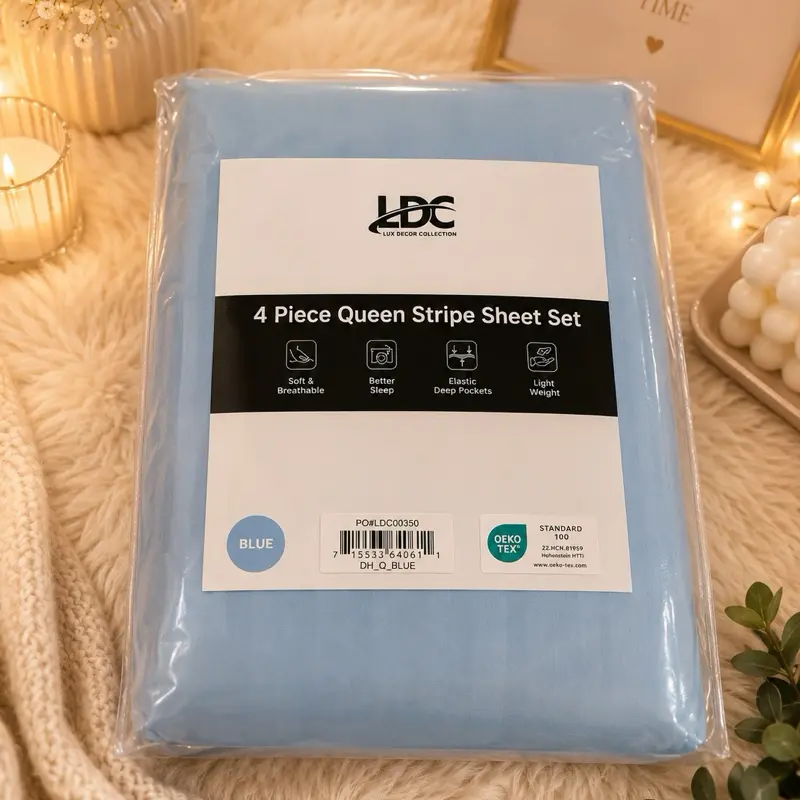 Queen Stripe Sheet Set, 4-Piece, 100% Polyester Sheets, Machine Wash Separately, Non-Chlorine Bleach, Tumble Dry on Low Heat