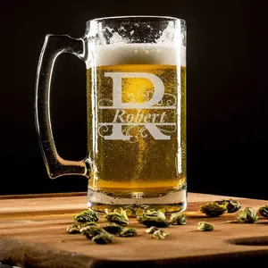 Engraved Tall Beer Mug - Personalized - Elegant Design - Durable Material Drinkware Glass Round Bottles - Cup Tumblers