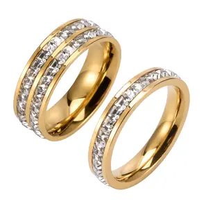 Gilded Grace Couple Eternity Rings Set, 18K Gold Plated Stainless Steel CZ Wedding Bands for Him and Her, Waterproof Promise Ring