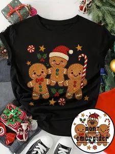 Cheerful Christmas T-Shirt with Gingerbread Men - Cute Black Shirt Showcasing a Gingerbread Wearing a Santa Hat, Adorned with Vibrant Buttons, Peppermint Sweets, Golden Stars, Holly Leaves, And a Candy Cane - Ideal for Festive Occasions